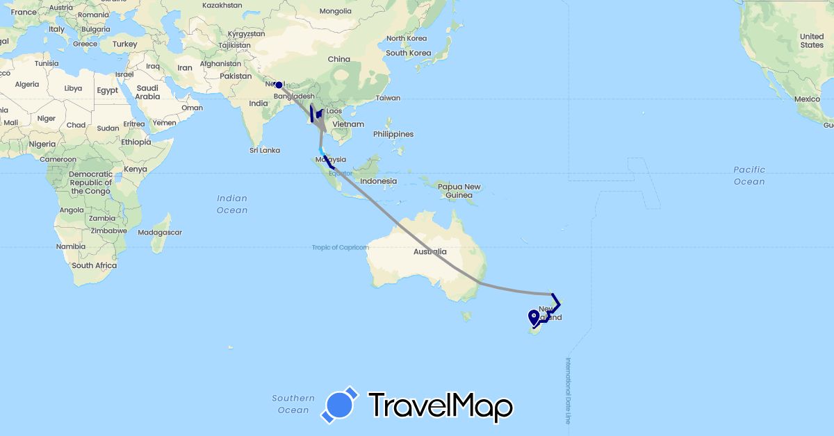 TravelMap itinerary: driving, plane, boat in Australia, Indonesia, Myanmar (Burma), Malaysia, Nepal, New Zealand, Singapore, Thailand (Asia, Oceania)